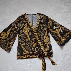 Boston Proper faux wrap waist ties bell sleeves jersey black graphic art deco